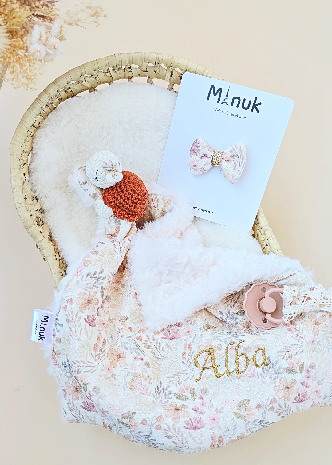 Coffret naissance Doudou tortue Fleuri Rose Barrette cheveux