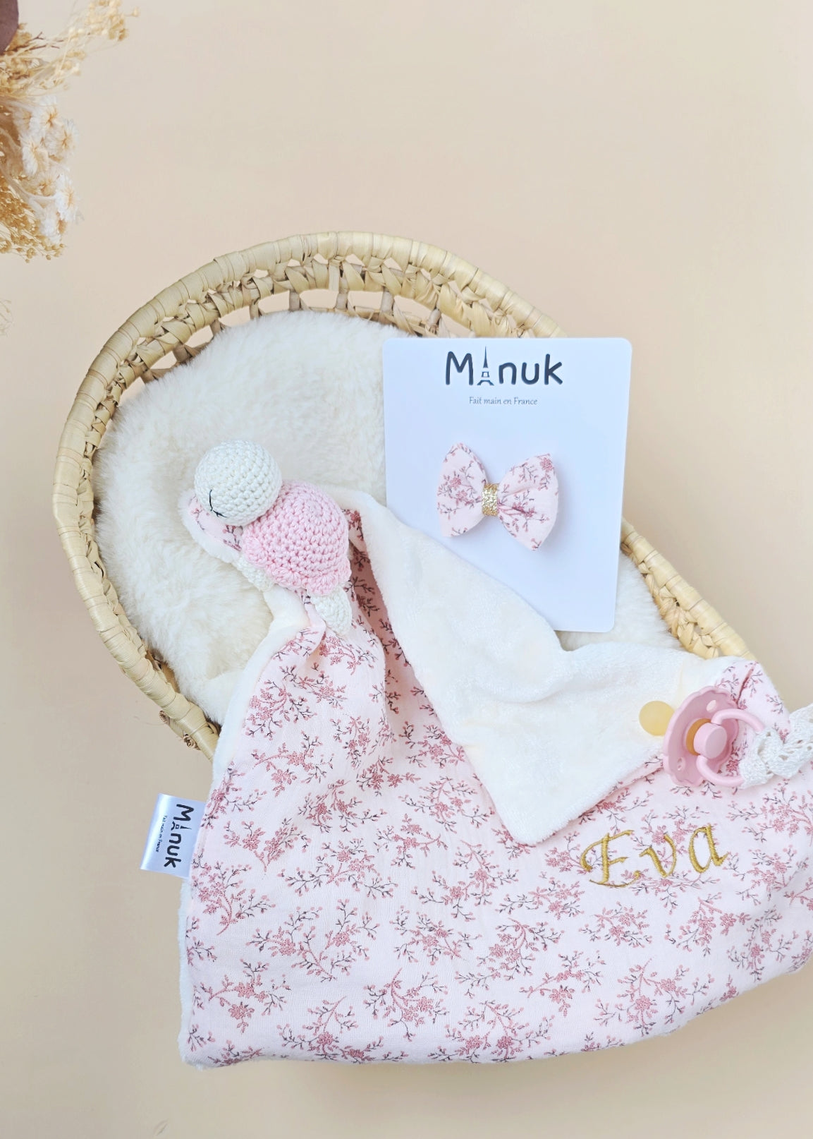 Doudou tortue attache tétine, Barrette cheveux, Ensemble Cadeau Bébé