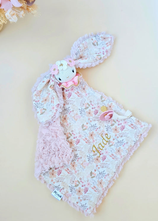 Doudou lapin à couronne fleurie personnalisé