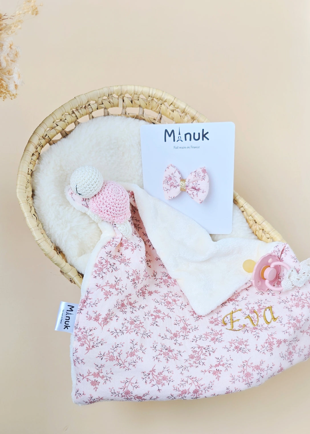 Doudou tortue attache tétine, Barrette cheveux, Ensemble Cadeau Bébé