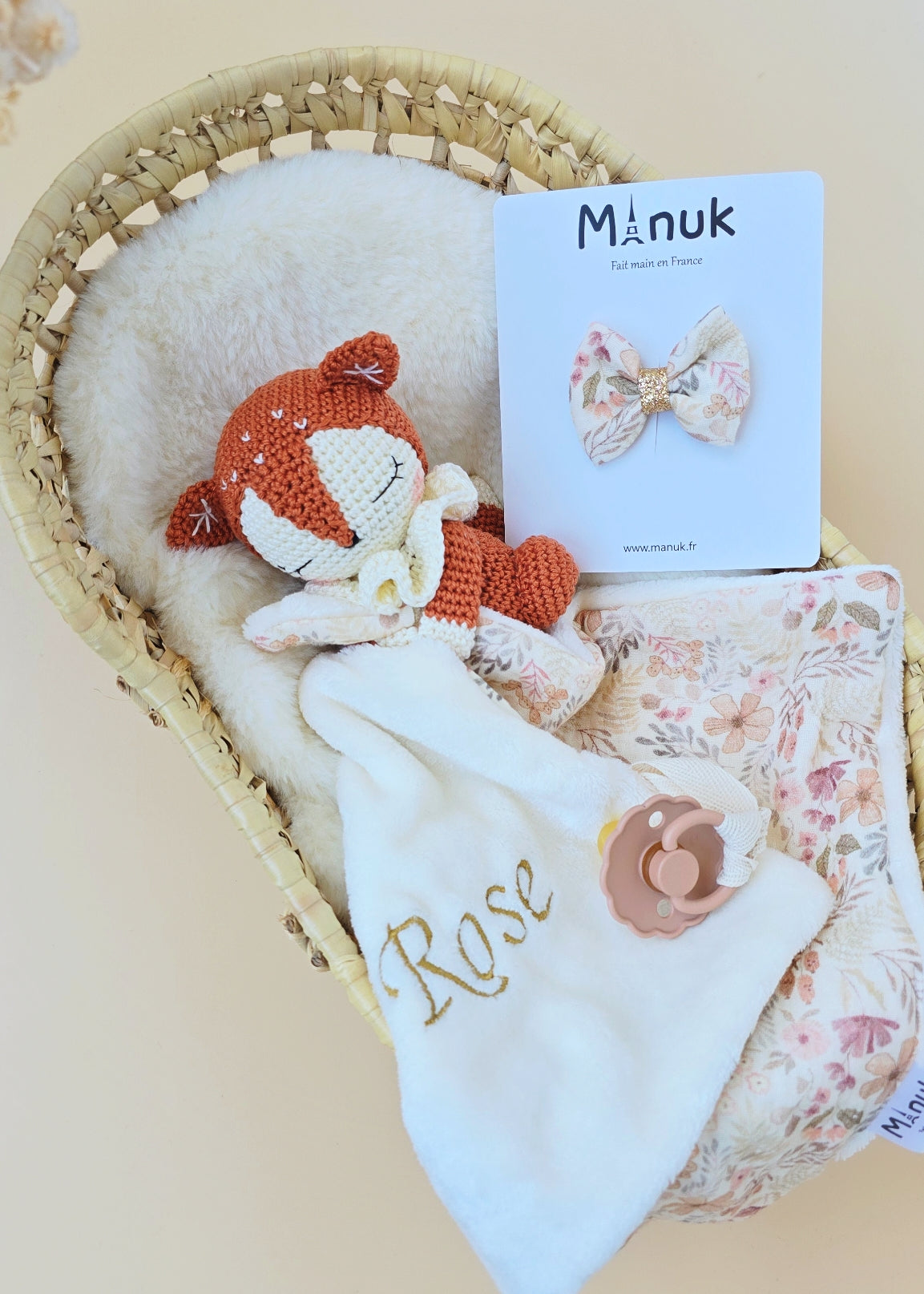 Coffret Naissance Doudou Attache tétine Renard Personnalisé Nœud cheveux