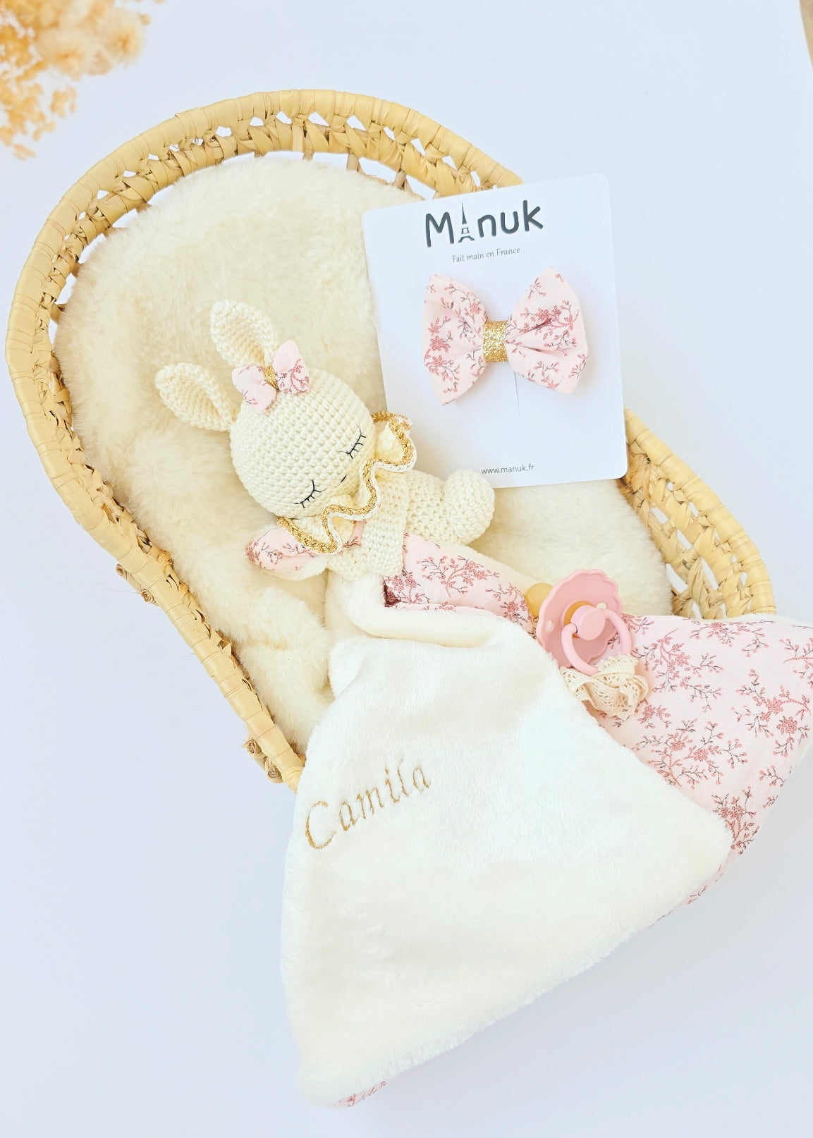 Coffret Naissance Personnalisé Doudou Lapin Noeud cheveux