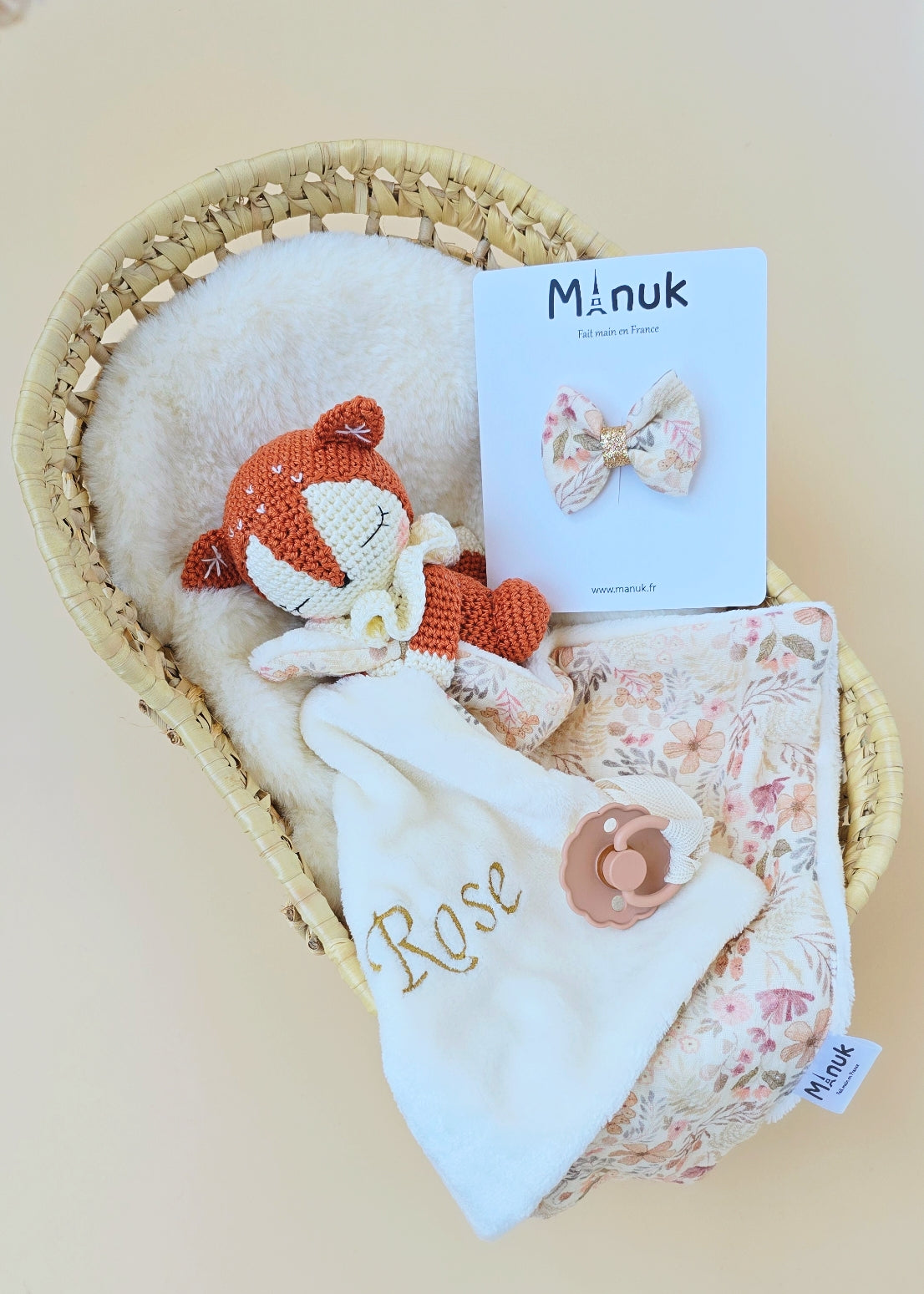 Coffret Naissance Doudou Attache tétine Renard Personnalisé Nœud cheveux