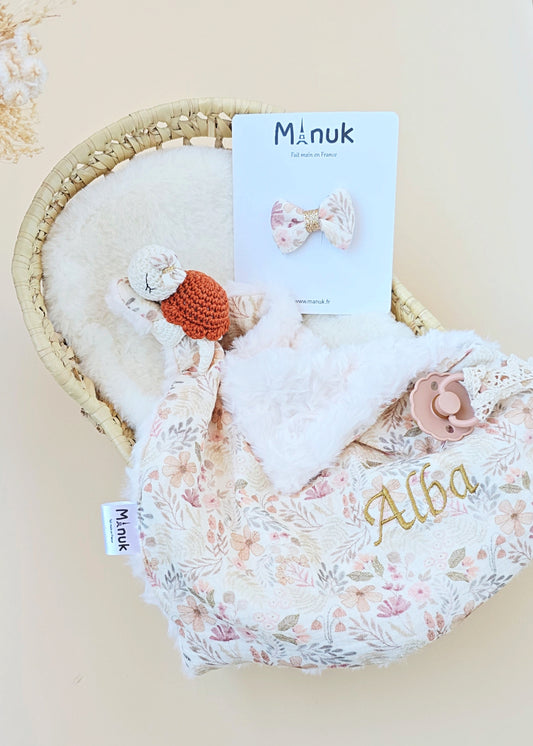 Coffret naissance Doudou tortue Fleuri Rose Barrette cheveux